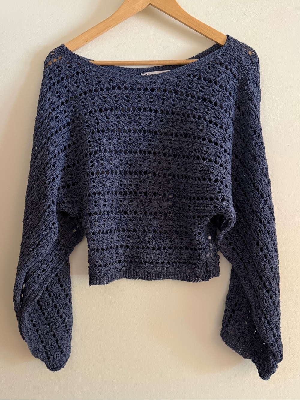 Zara Navy Blue Open-Knit Batwing Sweater Split Sleeves Boho Beach Crochet Small